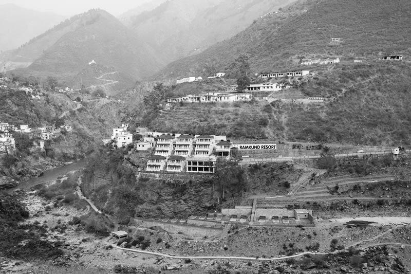 New resort construction for boosting  tourism in the Himalayas at Devaprayag in Tehri-Garhwal district, Uttarakhand - after deforestation and landscape change, which adversely affects water cycle. Future influx of tourists will further deepen ecological crisis by increasing demand on the already scarce water and enhancing pollution